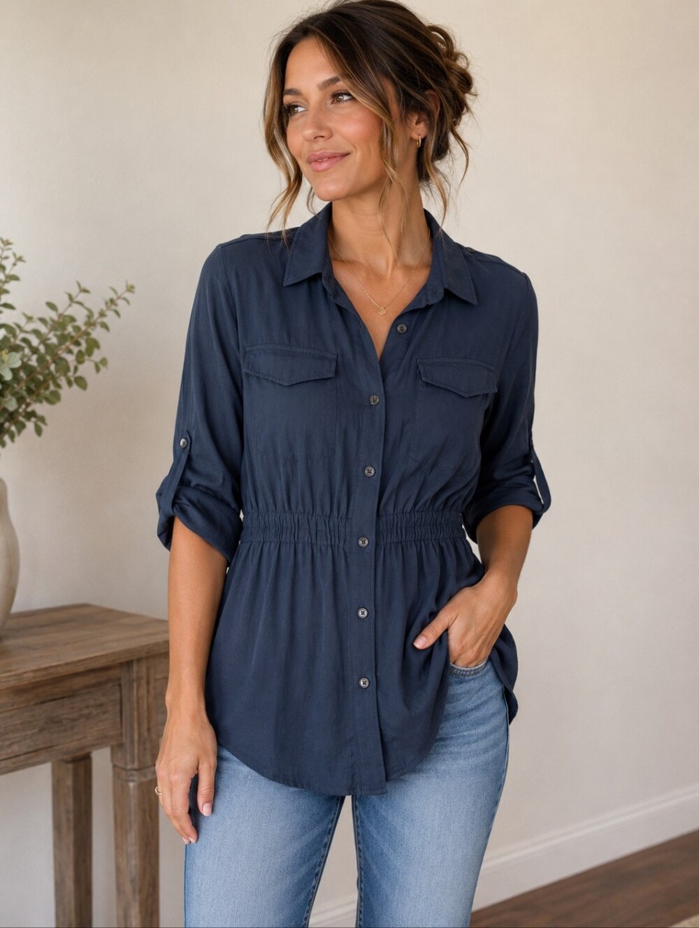 Richard Chai Navy Button-Front Utility Shirt